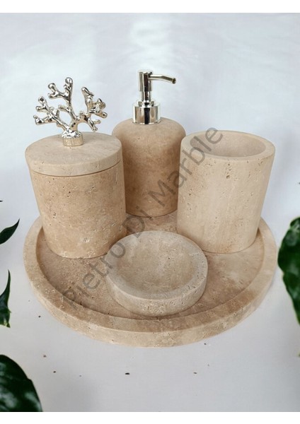 Sarı Traverten Klasik Model 5 Parça Gümüş Renk Mercan Aksesuarlı Banyo Seti
