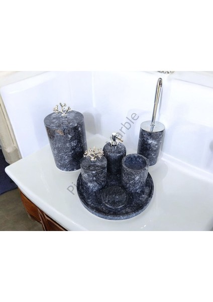 Antrasit Mermer Klasik Model 7 Parça Gümüş Renk Mercan Aksesuarlı Banyo Seti