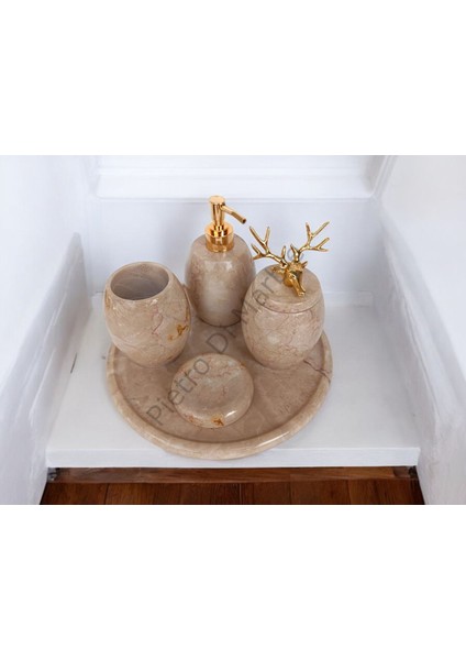 Bej Mermer Oval Model 5 Parça Gold Renk Geyik Aksesuarlı Banyo Seti