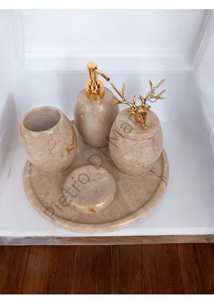 Bej Mermer Oval Model 5 Parça Gold Renk Geyik Aksesuarlı Banyo Seti