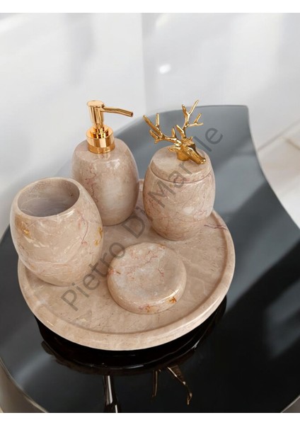 Bej Mermer Oval Model 5 Parça Gold Renk Geyik Aksesuarlı Banyo Seti