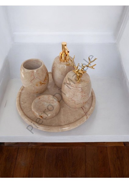 Bej Mermer Oval Model 5 Parça Gold Renk Geyik Aksesuarlı Banyo Seti