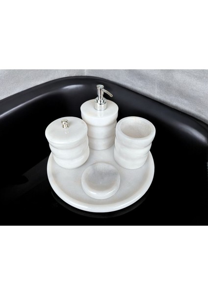 Beyaz Mermer Oval Model 5 Parça Gümüş Renk Düğme Aksesuarlı Banyo Seti