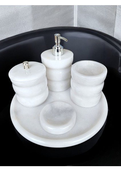 Beyaz Mermer Oval Model 5 Parça Gümüş Renk Düğme Aksesuarlı Banyo Seti fiyatları