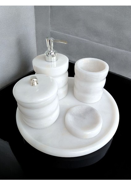 Beyaz Mermer Oval Model 5 Parça Gümüş Renk Düğme Aksesuarlı Banyo Seti fırsatları