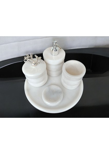 Beyaz Mermer Oval Model 5 Parça Gümüş Renk Mercan Aksesuarlı Banyo Seti