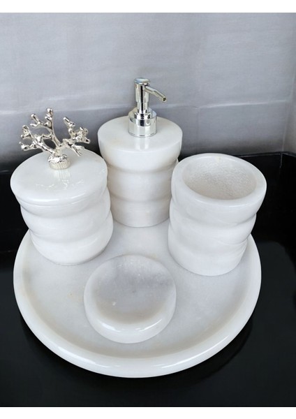 Beyaz Mermer Oval Model 5 Parça Gümüş Renk Mercan Aksesuarlı Banyo Seti fiyatları