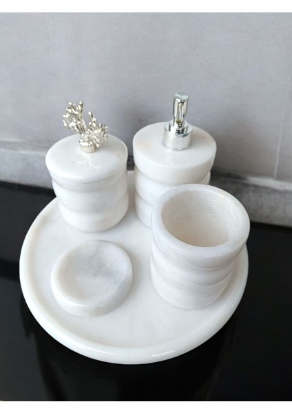 Beyaz Mermer Oval Model 5 Parça Gümüş Renk Mercan Aksesuarlı Banyo Seti modelleri