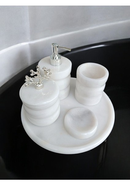 Beyaz Mermer Oval Model 5 Parça Gümüş Renk Mercan Aksesuarlı Banyo Seti fırsatları