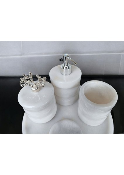 Beyaz Mermer Oval Model 5 Parça Gümüş Renk Mercan Aksesuarlı Banyo Seti indirimleri