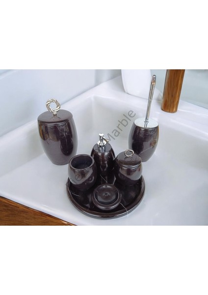 Siyah Mermer Oval Model 7 Parça Gümüş Renk Halka Aksesuarlı Banyo Seti