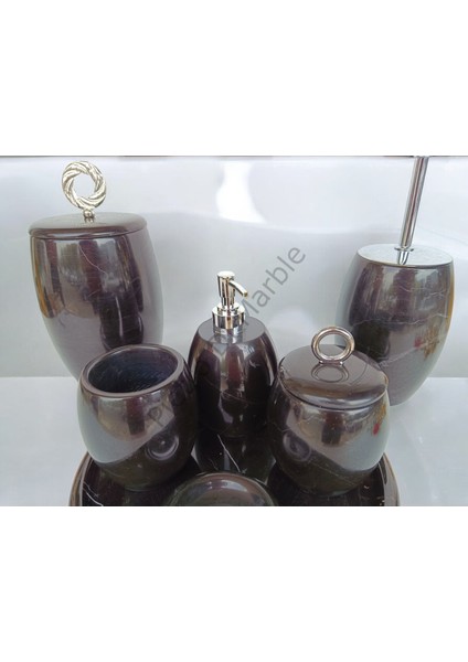 Siyah Mermer Oval Model 7 Parça Gümüş Renk Halka Aksesuarlı Banyo Seti