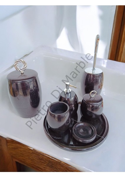Siyah Mermer Oval Model 7 Parça Gümüş Renk Halka Aksesuarlı Banyo Seti