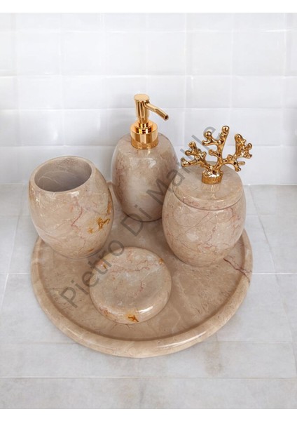 Bej Mermer Oval Model 5 Parça Gold Renk Mercan Aksesuarlı Banyo Seti