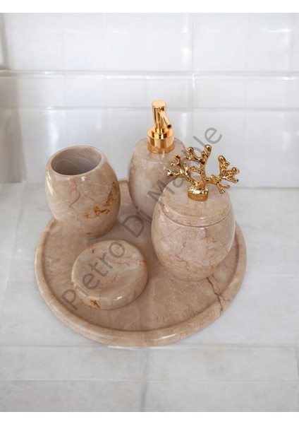 Bej Mermer Oval Model 5 Parça Gold Renk Mercan Aksesuarlı Banyo Seti