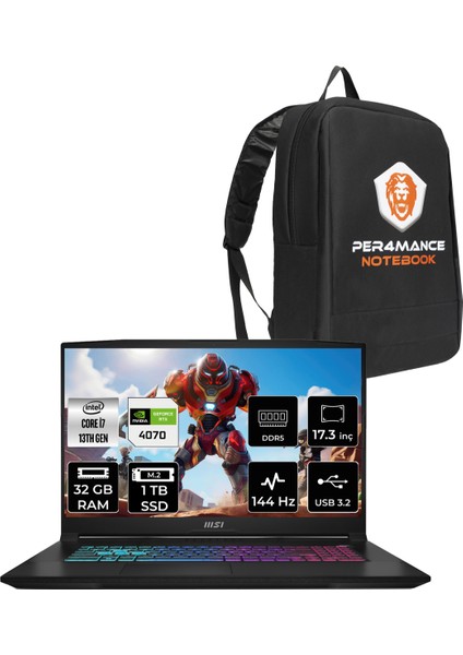 Msı Katana 17 Intel Core I7 13620H 32GB 1tb SSD RTX4070/8GB 17.3" Fhd 144Hz Fdos Taşınabilir Bilgisayar & Per4 Çanta B13VGK1287XTRP318