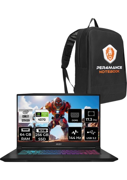 Msı Katana 17 Intel Core I7 13620H 64GB 256GB SSD RTX4070/8GB 17.3" Fhd 144Hz Fdos Taşınabilir Bilgisayar & Per4 Çanta B13VGK1287XTRP331