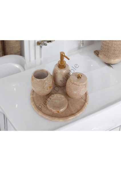 Bej Mermer Oval Model 5 Parça Mat Gold Renk Düğme Aksesuarlı Banyo Seti