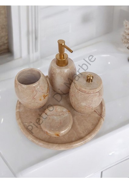 Bej Mermer Oval Model 5 Parça Mat Gold Renk Düğme Aksesuarlı Banyo Seti