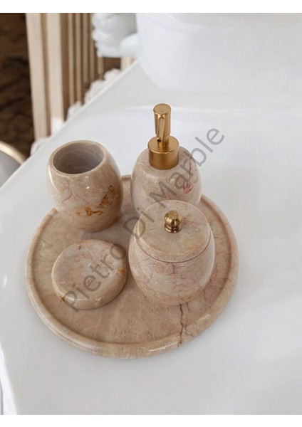 Bej Mermer Oval Model 5 Parça Mat Gold Renk Düğme Aksesuarlı Banyo Seti