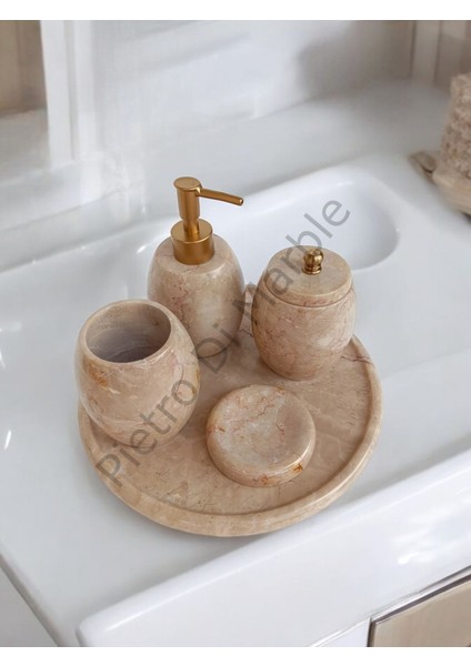 Bej Mermer Oval Model 5 Parça Mat Gold Renk Düğme Aksesuarlı Banyo Seti