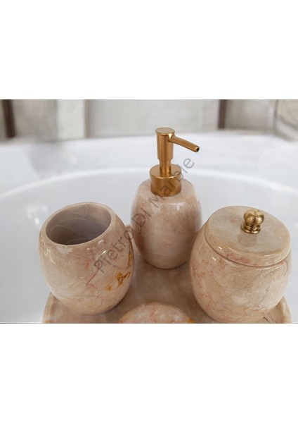 Bej Mermer Oval Model 5 Parça Mat Gold Renk Düğme Aksesuarlı Banyo Seti
