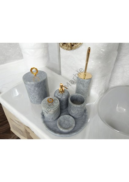 Gri Mermer Klasik Model 7 Parça Gold Renk Halka Aksesuarlı Banyo Seti