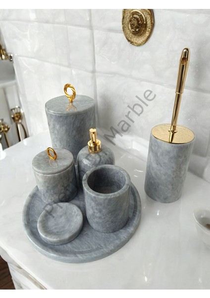 Gri Mermer Klasik Model 7 Parça Gold Renk Halka Aksesuarlı Banyo Seti