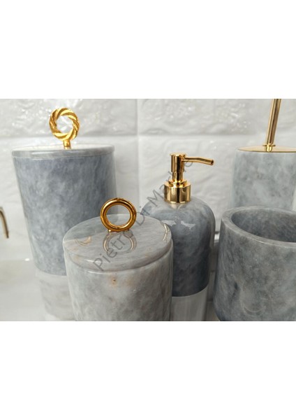 Gri Mermer Klasik Model 7 Parça Gold Renk Halka Aksesuarlı Banyo Seti