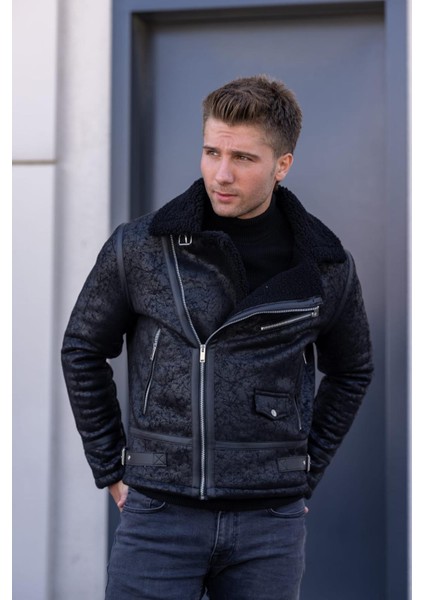 Erkek Siyah Napa Deri Çapraz Yaka Mont