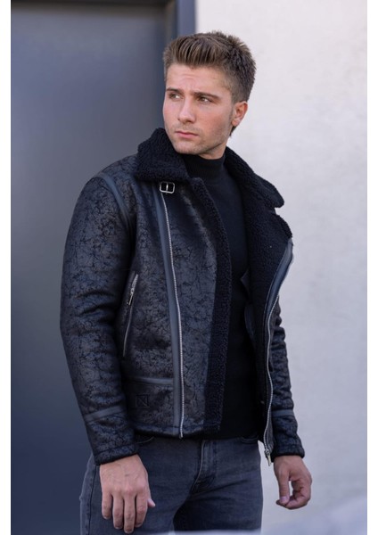 Erkek Siyah Napa Deri Çapraz Yaka Mont fiyatları