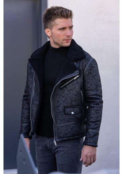 Erkek Siyah Napa Deri Çapraz Yaka Mont modelleri