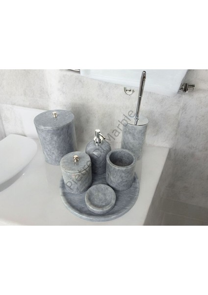 Gri Mermer Klasik Model 7 Parça Gümüş Renk Düğme Aksesuarlı Banyo Seti