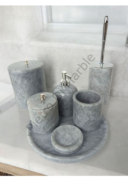 Gri Mermer Klasik Model 7 Parça Gümüş Renk Düğme Aksesuarlı Banyo Seti