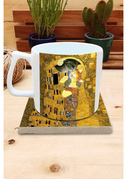 Kediler ve Sanat/gustav Klimt The Kiss Set 10 - Yelken Fincan Kupa-Taş Bardak Altlığı 1