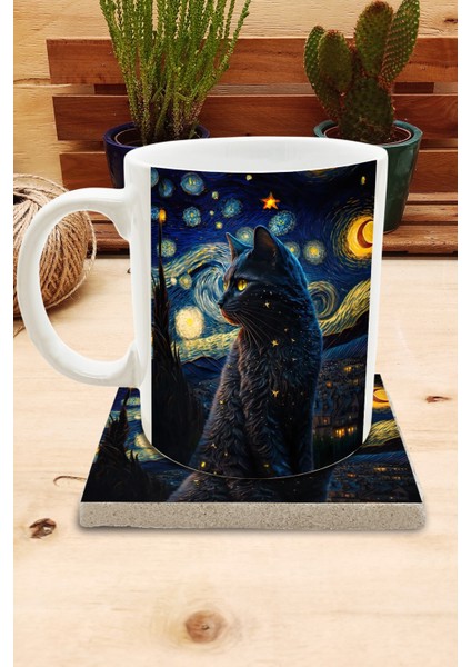 Kediler ve Sanat/van Gogh Yıldızlı Gece The Starry Night Set 8 - Standart Kupa-Taş Bardak Altlığı 8