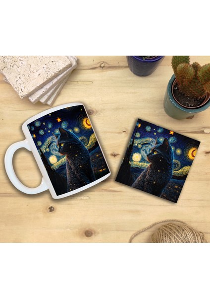 Kediler ve Sanat/van Gogh Yıldızlı Gece The Starry Night Set 8 - Standart Kupa-Taş Bardak Altlığı 8