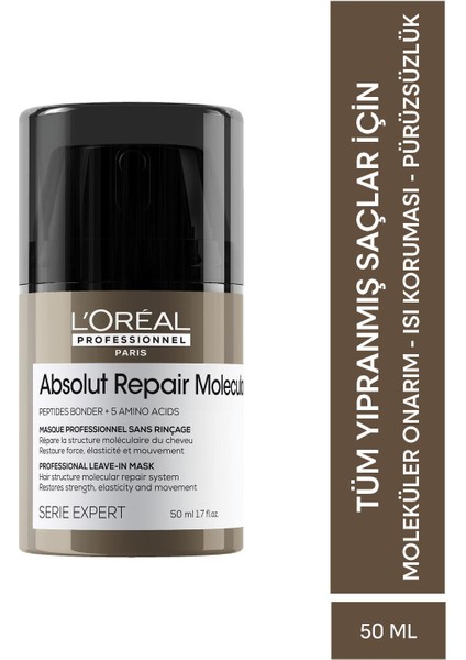 L'Oréal Professionnel Absolut Repair Molecular Tüm Yıpranmış Saçlar İçin Durulanmayan Maske 50 ml