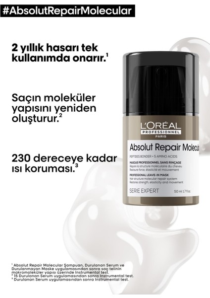 L'Oréal Professionnel Absolut Repair Molecular Tüm Yıpranmış Saçlar İçin Durulanmayan Maske 50 ml