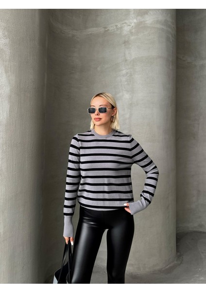 Bisiklet Yaka Siyah Çizgili Triko Kazak GRİ 8236