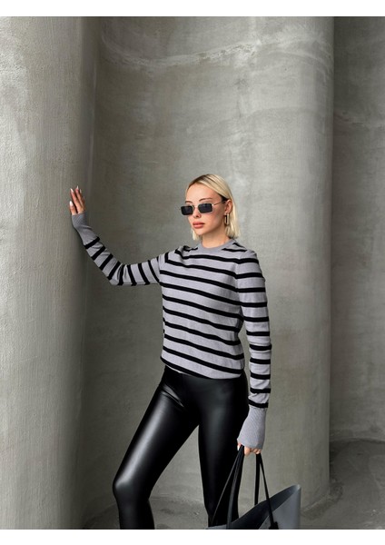 Bisiklet Yaka Siyah Çizgili Triko Kazak GRİ 8236 fiyatları