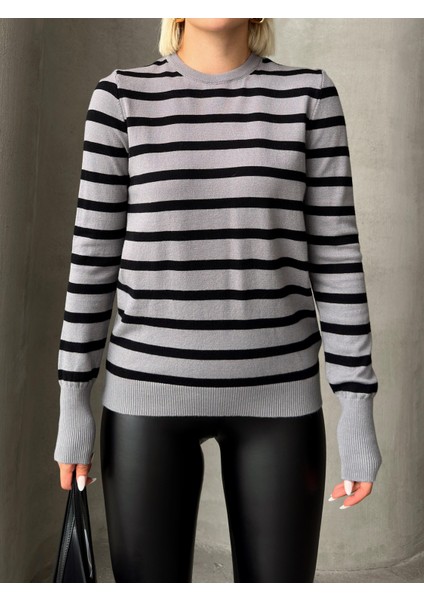 Bisiklet Yaka Siyah Çizgili Triko Kazak GRİ 8236 modelleri