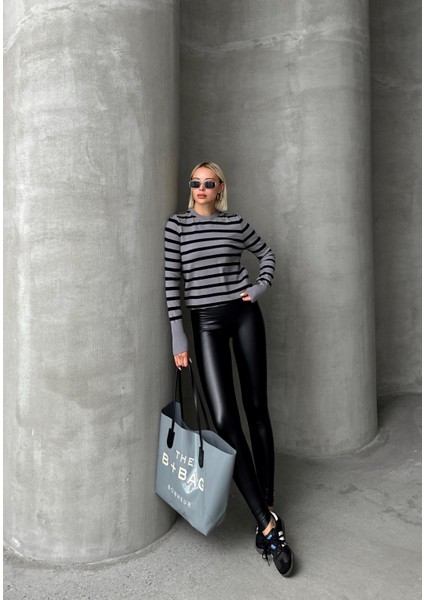 Bisiklet Yaka Siyah Çizgili Triko Kazak GRİ 8236 fırsatları