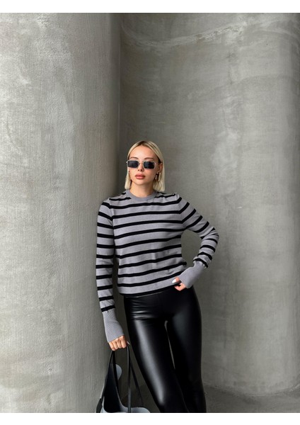 Bisiklet Yaka Siyah Çizgili Triko Kazak GRİ 8236 indirimleri