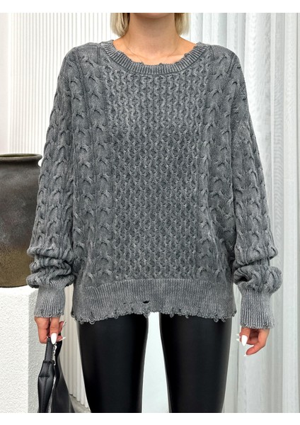 Saç Örgülü Eskitme Etekli Salaş Triko Kazak Antrasit 8239 fiyatları