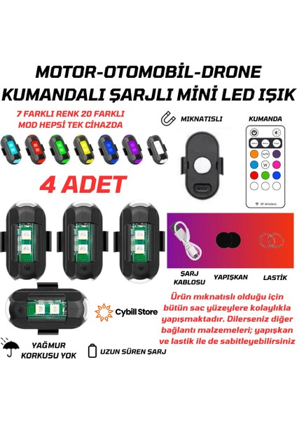 Kumandalı Çakarlı Şarjlı 7 Renk Ve 20 Modlu 4 Adet Mini Led Işık Drone Motorsiklet Araba Bisiklet Işığı