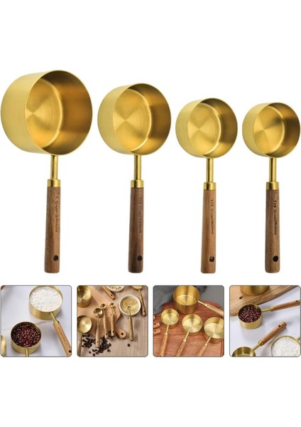 Gold Ölçü Kaşığı Seti 4'lü Ahşap Saplı Ölçü Kabı Paslanmaz Çelik 60-80-125-250ML indirimleri