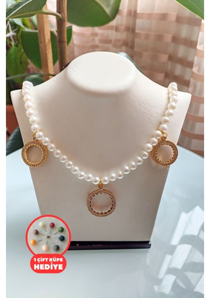 İnci ve Zirkon Taşlı 8mm Yarım ve Çeyrek Altın Uyumlu Kolye