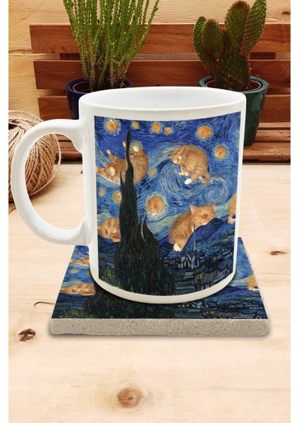 Kediler ve Sanat/van Gogh Set 8 - Yıldızlı Gece(Starry Night) Standart Kupa-Taş Bardak Altlığı 9