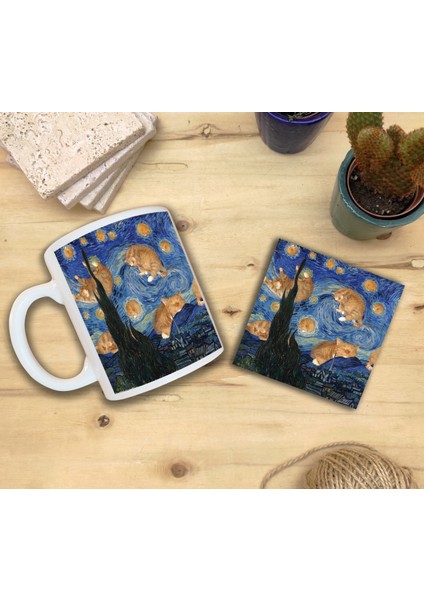 Kediler ve Sanat/van Gogh Set 8 - Yıldızlı Gece(Starry Night) Standart Kupa-Taş Bardak Altlığı 9
